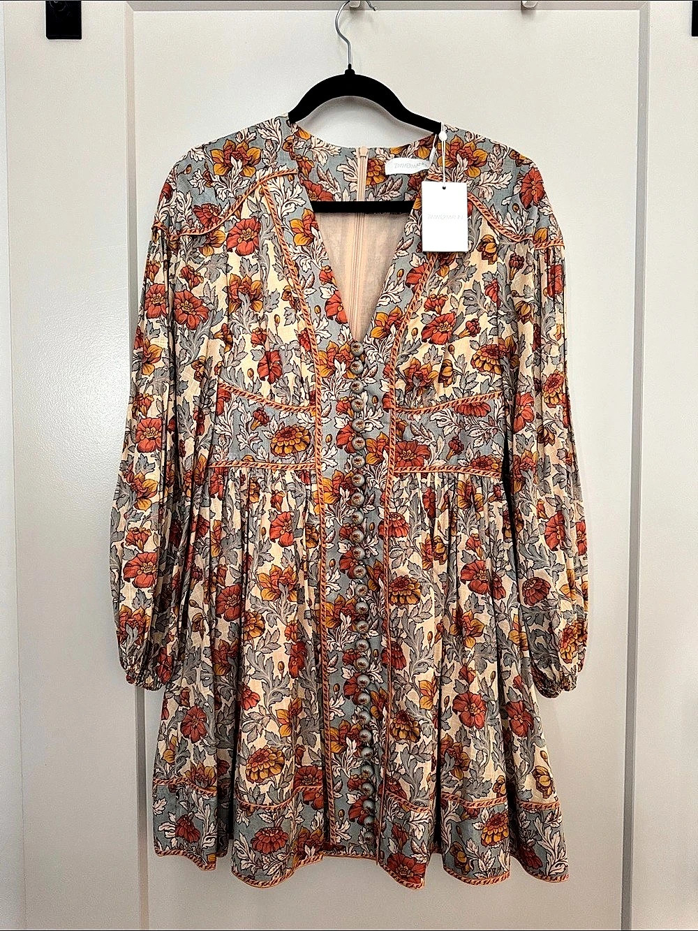Zimmermann Andie Buttoned Mini Dress Floral Mini Dress in Blue & Orange Size 8